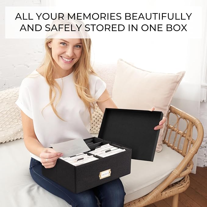 Decorative Photo Storage Box - Sturdy Linen Organizer Holds 1700 Photos | Organizer with Dividers Stores Up to 1700 4x6 Pictures - Portable Scrapbook Storage Containers with Lid - Image 3