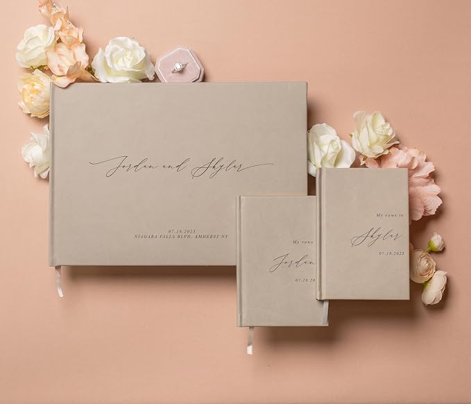 Personalized Wedding Book Set with Guestbook Vow Books (Design 1) - Custom Large 11.5 x 8.5 Guest Signin Book, 5.75 x 4 Vow Books for Marriage Ceremony Reception, Gift for Newly Engaged Couple, Taupe by ModernAlbumDesigns