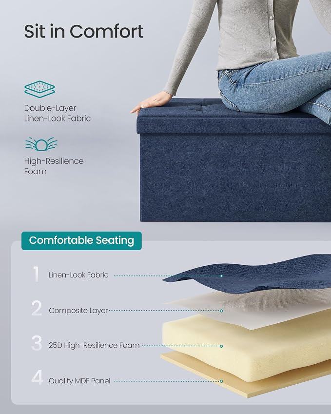 SONGMICS 43.3 Inches Folding Storage Ottoman Bench, Load 660 lb | Ottoman Foot Rest, Storage Chest, for Living Room, Entryway, Midnight Blue and Ink Black, MINOTA Collection ULSF77IN - Image 5