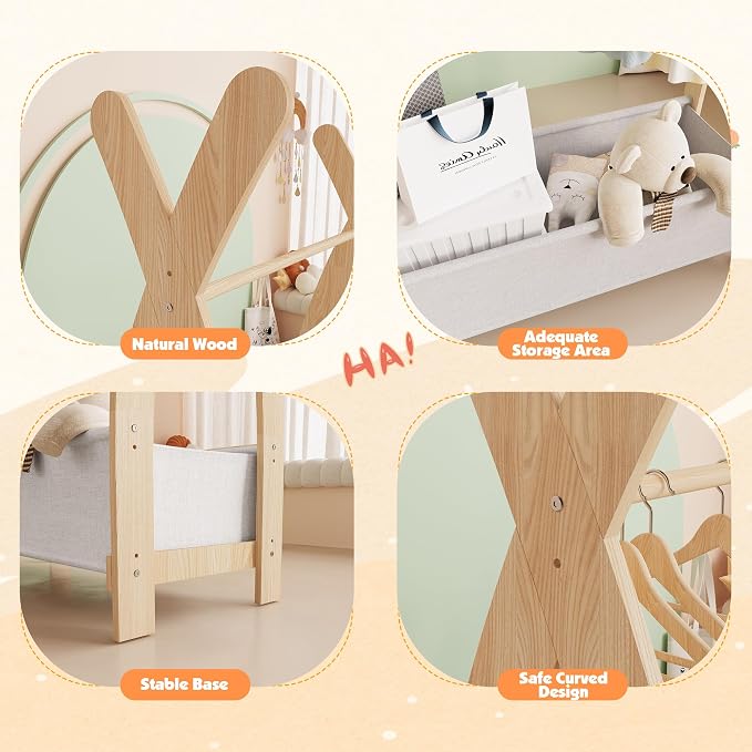 NACHES Tall Kids Clothing Rack with Double Hanging Rods Wooden Garment Rack for Toddler Baby Wardrobe Closet Compact Dress Up Storage Organizer for Girl Costume Princess Coat Bedroom Playroom Nursery - Image 4