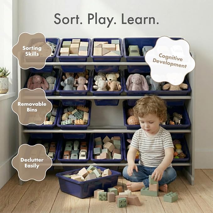 Humble Crew Kids Toy Organizer with 16 Bins, 4 Tier Storage for Playroom | Sturdy wood and steel toddler shelf, removable BPA-free containers, wall anchor anti-tip safety kit for bedroom or classroom - Image 5