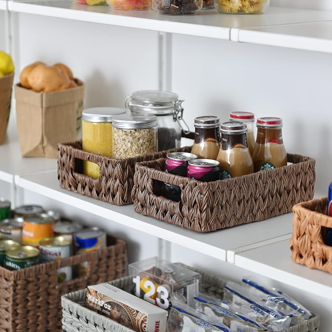 GRANNY SAYS Wicker Baskets with Handles,Small Woven Basket for Storage, Waterproof Storage Basket Organizer,Decorative Storage Boxes for Organing Pantry,Brown Basket,2-Pack,11 1/4''L x 7 1/2''W x 3 1/2''H | Waterproof Dark Brown Wicker Baskets, Small W... - Image 3