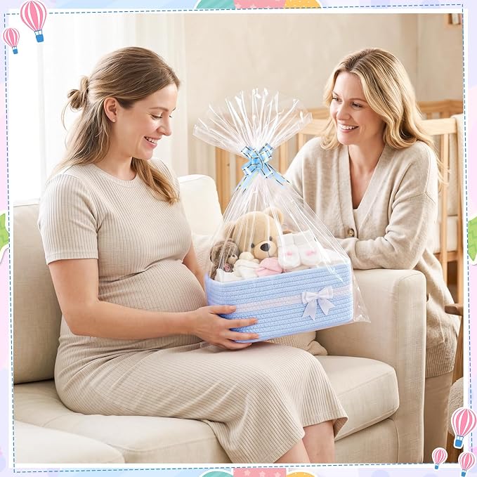 10 Pack Empty Gift Baskets, 12x8x5 Small Blue Woven Cotton Rope Baskets with Gift Bags & Ribbons, Decorative Baby Shower Hamper, Nursery Storage Basket with Handles for Shelves - Image 4