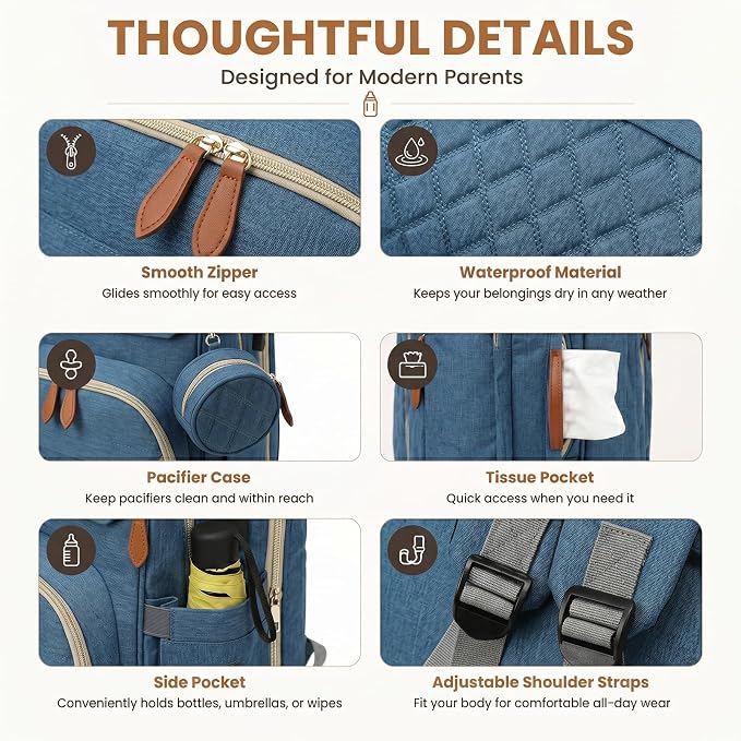 HAWILAND Diaper Bag Backpack for Mom Dad, Large Travel Baby Bag, Lightweight Diaper Bag with Insulated Pockets & USB Changing Port, Blue - Image 6