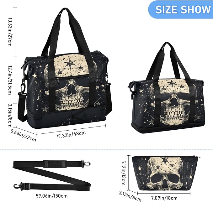 Travel Duffel Tote Bag Gothic Skull Sports Duffel Bag with Wet Pocket Weekender Overnight Bag for Women Men Gym Bag, Carry On Bag Hospital Bag for Labor and Delivery - Image 6