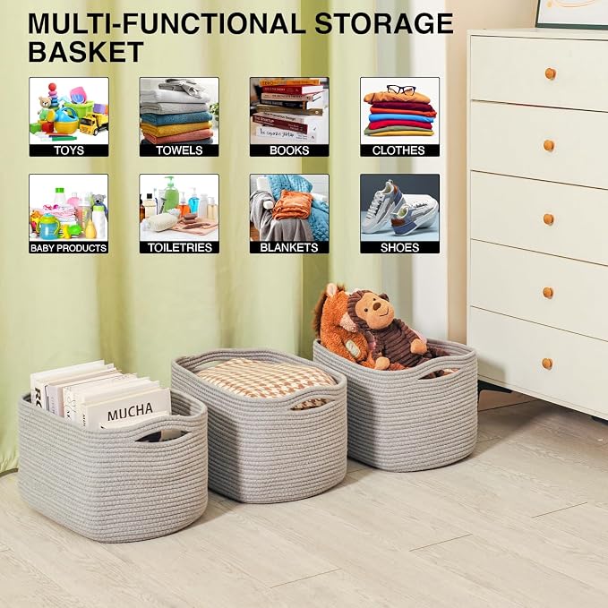 ICERZCZ Storage Baskets for Organizing Shelves, Woven Cotton Rope Bins for Baby Nursery Organization, Book Toy Towel Organizer, 15"x11"x9.5", 3 Packs, Grey - Image 4