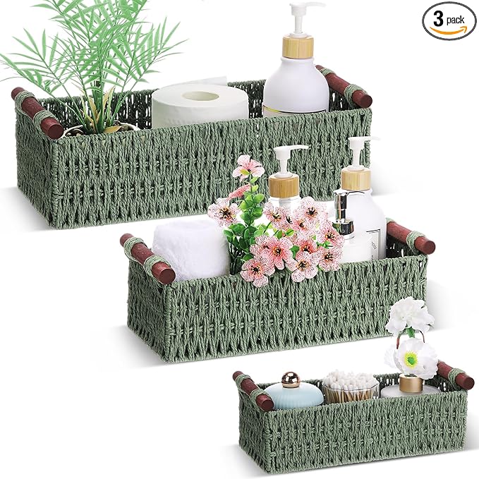 Boao 3 Pcs Boho Storage Wicker Baskets Handmade Woven Decorative Paper Rope Baskets for Organizing with Handle Countertop Toilet Paper Storage Container for Toilet Tank Top by Boao