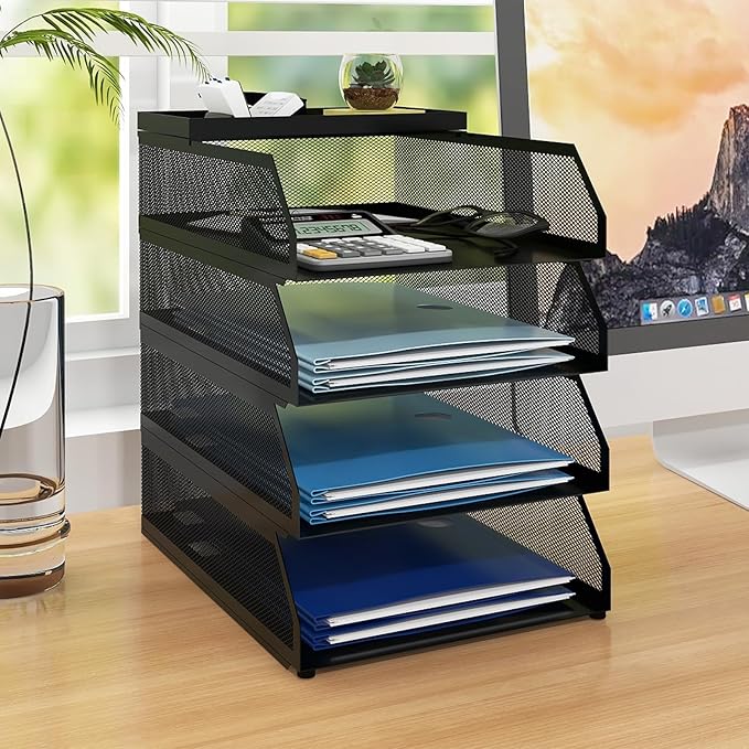Natwind 4-Tier Stackable Metal Mesh Desk Paper Tray Organizer,Black | Desktop Accessories for Office Supplies, Letter Tray For Paper Storage ,File Document Holder For Home School Classroom by Natwind