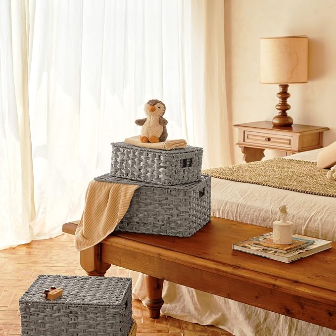 GRANNY SAYS Wicker Basket with Lid, Wicker Storage Baskets for Shelves | Woven Baskets with Lids, Wicker Baskets for Storage, Decorative Storage Boxes, Woven Stackable Basket with Lid, 3 Pack - Image 3