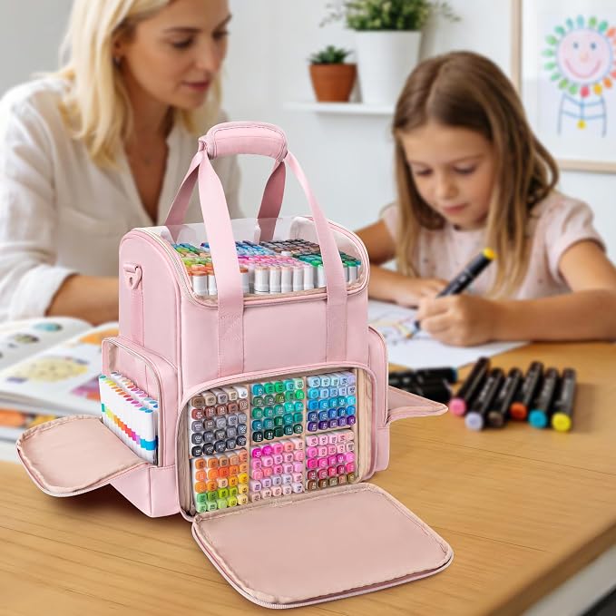Rexmica Double Layer Marker Organizer Bag for 400 Markers, Pink | Inner Dividers, Shoulder Strap, Large Marker Storage Case for Art Marker/Coloring Book/Painting Supplies, Patented Design - Image 7