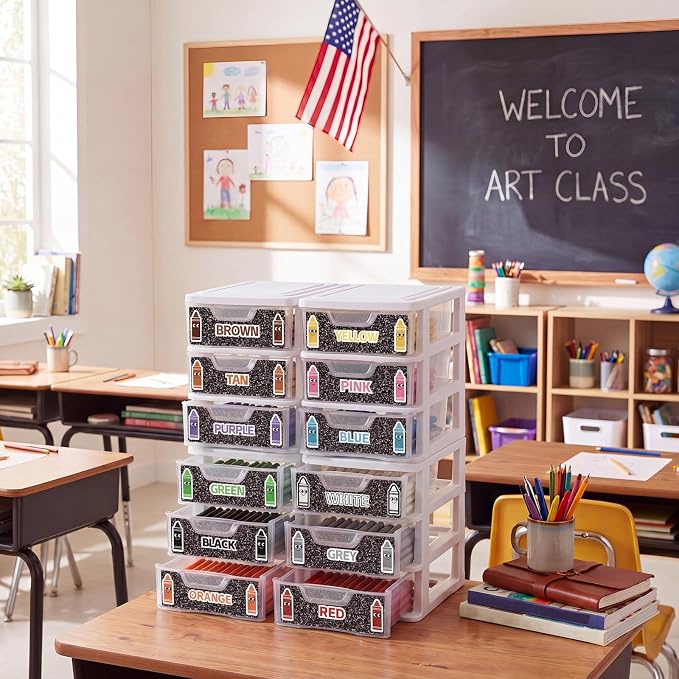 12 Pcs/ 4 Pack Plastic Crayon Organizer for Classroom Back to School | Clear Crayon Storage Boxes for Marker Pen Art Craft Supplies Crayons Holder Drawer for Classroom Office Table with Labels - Image 3