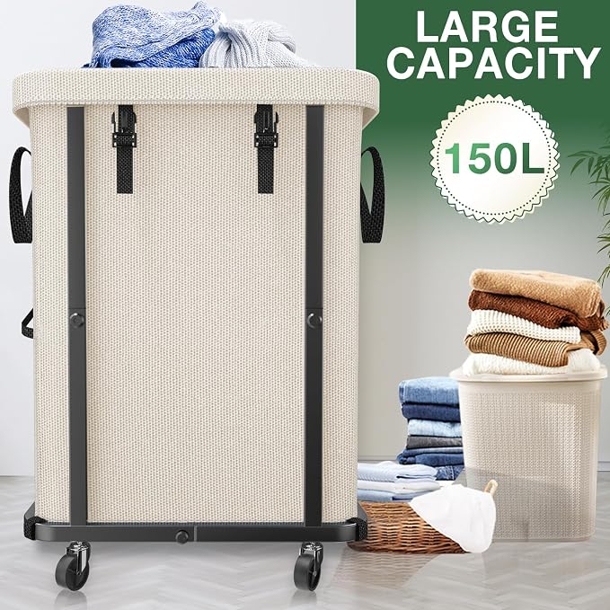 Laundry Basket with Lid, 150L Rolling Laundry Hamper with Wheels White | Dirty Clothes Hamper with Metal Frame and Removable Bag Design,Large Rolling Hampers for Laundry Room, Bedroom,Dorm - Image 2