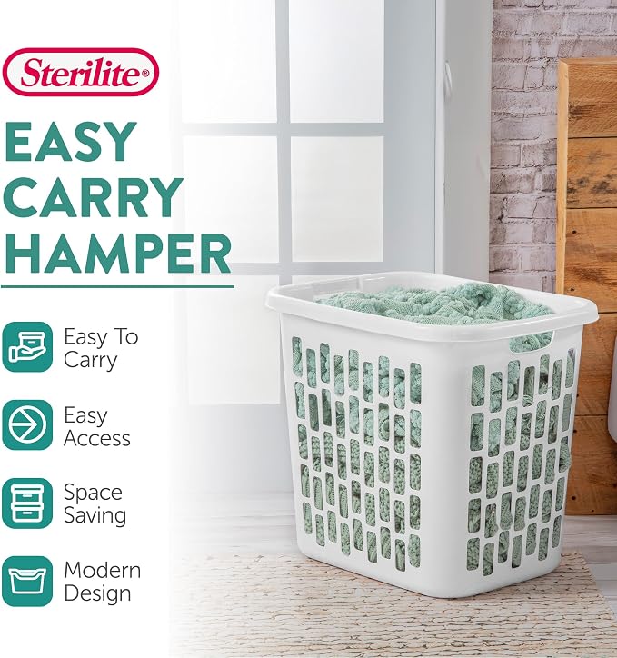 Sterilite Easy Carry Laundry Hamper, Ventilation Holes and Handles to Carry Clothes Between the Laundry Room and Bedroom, Plastic, White, 4-Pack - Image 2