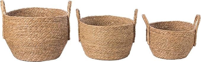 Vintiquewise Decorative Round Wicker Woven Rope Storage Blanket Basket with Braided Handles - Set of 3 - Image 6
