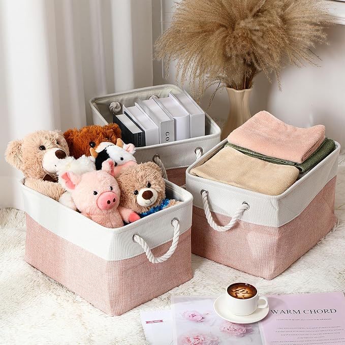 FoldTier 10 Pack Large Collapsible Fabric Storage Baskets with Handles Decorative Storage Bins for Organizing Shelves Toys Clothes (Pink & White,16 x 12 x 10 Inches) - Image 3