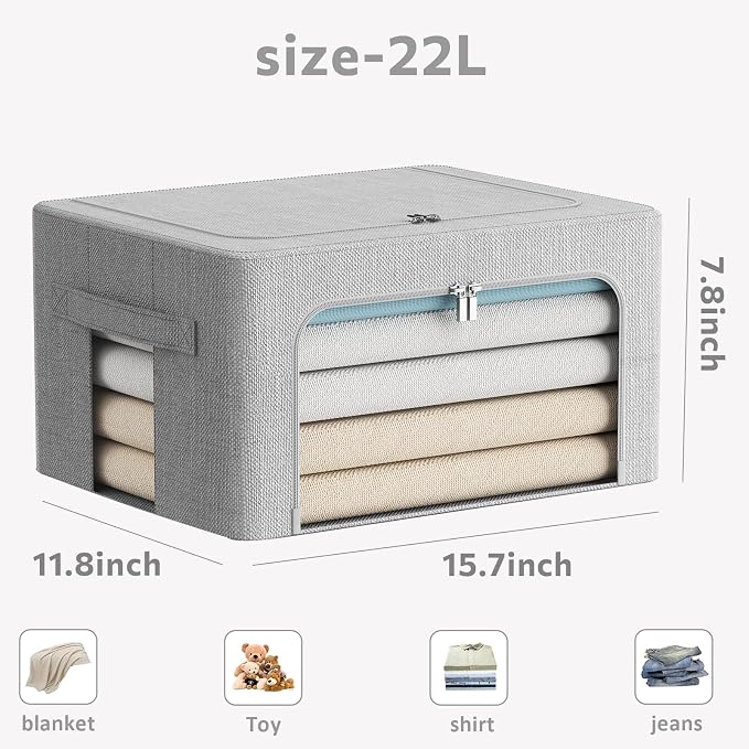 FHSQX 2 Pack Clothes Storage Bins Stackable Metal Frame Storage Box Foldable Linen Fabric Organizer with Carrying Handles and Clear Window (Light Gray, 15.7x 11.8x 7.8Inch) - Image 4