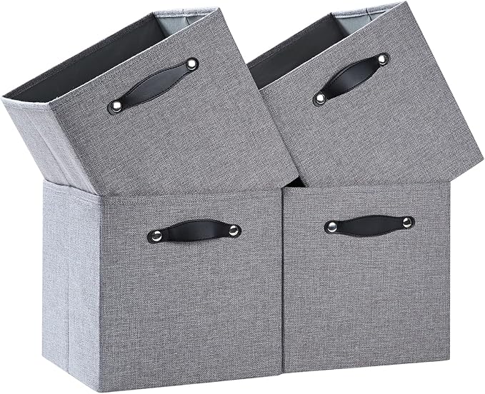 Cube Storage Bins | 13"x15"x13", Dim Gray, 4 Pack | Multi-Size | 2X Thick Support Board | Vegan Leather Handles | 7.7 oz/yd² Fabric | Drawer Insert Basket Fits KALLAX by FABINADO