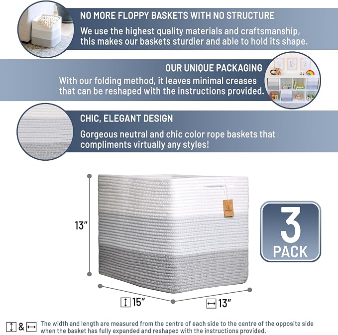 NaturalCozy 13x15x13 Kallax Storage Cubes Bins, 3 Pack | Cotton Rope Cube Storage Bin Woven Baskets for Organizing | Kallax Insert Storage Baskets for Shelves Organizer, Kids Toy, Closet Baby Nursery - Image 2