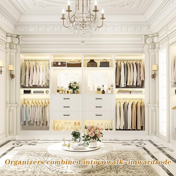 Unikito 100" Wood Closet System with Drawers and Mirror, White | Large walk in wardrobe organizer with hanging rods and adjustable shelves, sturdy freestanding garment rack tower. - Image 6