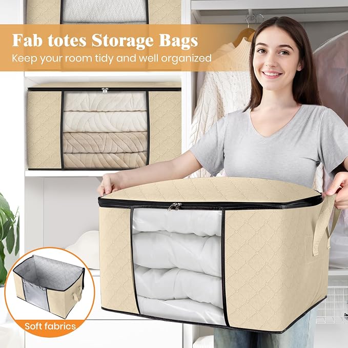 3 Pack Storage Bags for Clothes Blanket Storage Bins with Lids | Foldable Closet Organizers with Zippers,Window and Handles,Fabric Storage Bins for Sweater,Comforter,Bedding,Dorm essentials - Image 5