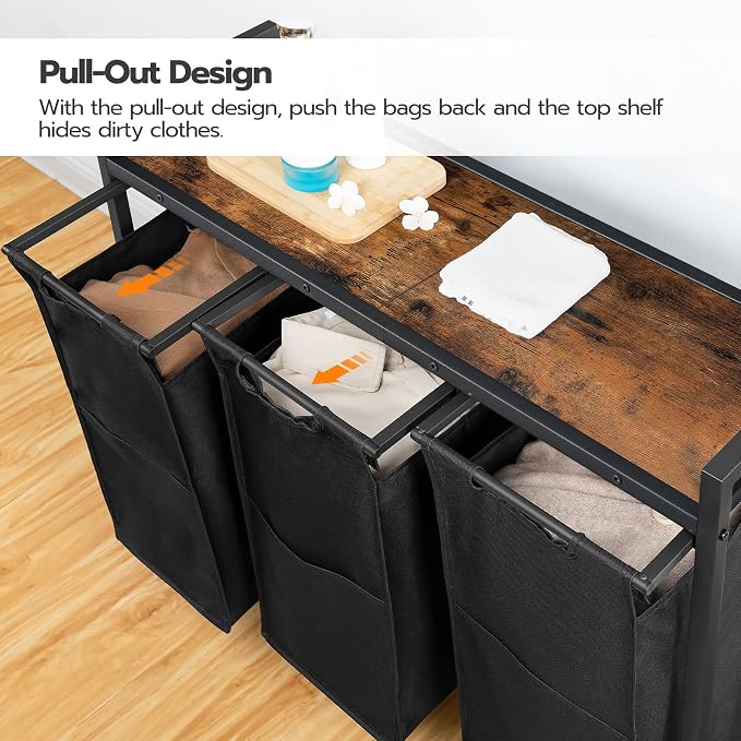 HOOBRO Laundry Sorter 3 Section, Laundry Hamper with Wheels, 3 × 11.5 Gal (43.5 L), Rolling Laundry Basket, Pull-Out and Removable Oxford Fabric Laundry Bags, Rustic Brown and Black BF76XY01 - Image 6