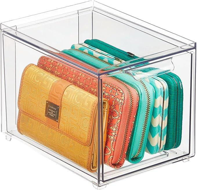 mDesign Plastic Closet Organizer Bin w/Pull Out Drawer - Slim Stackable Storage for Closet - Organization for Accessories, Bags, Totes, Small Linens, and More - Lumiere Collection - 2 Pack - Clear - Image 8