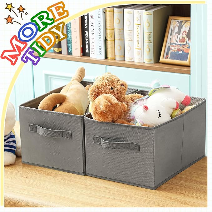 Yinder 4 Pcs Cube Storage Bin Gray 14''x10''x8'' Storage Bins for Playroom Decor Colorful Bins for Kids Foldable Baskets for Nursery Organizer Boxes Fabric Boxes - Image 5