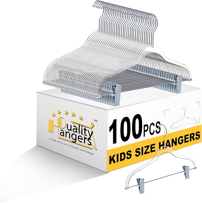 Quality Clear Kids Pants Hangers with Clips 100 Pack | Heavy Duty Skirt Hangers with Swivel Hook and Notches | Space Saving Kids Clip Hangers for Pants | 13.7 Inch (Clear, Silver Hook, 100 Pack) by QualityHangers