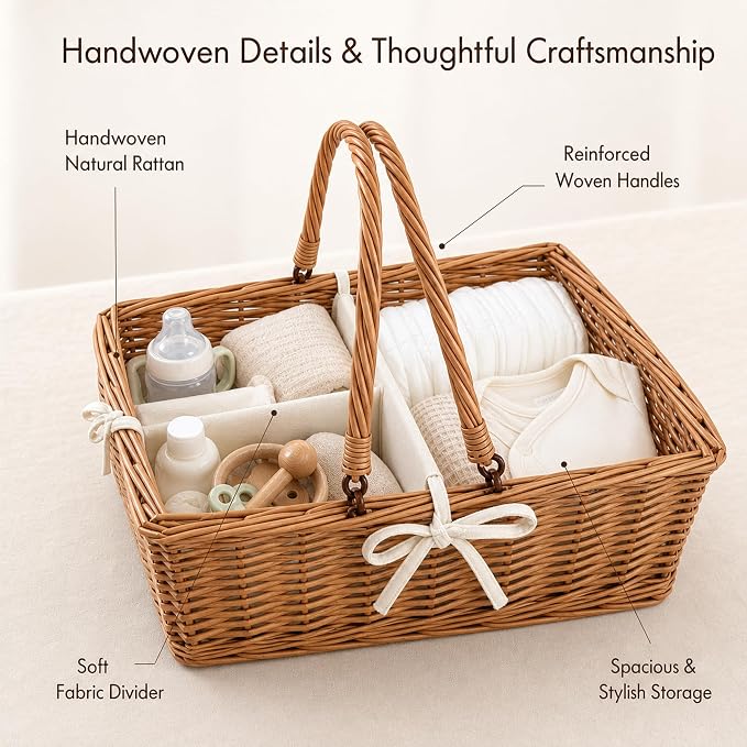 Wicker Diaper Caddy Organizer, Woven Rattan Diaper Caddy Basket with Removable Divider for Changing Table, Portable Car Organizer for Diapers Storage, Baby Shower Gifts - Image 3