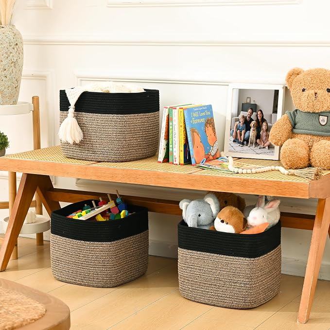 3 Pack Cube Storage Bin, 12”x12”x10” Cotton Rope Woven Baskets for Organizing Toys Clothes Towels, Square Gift Storage Baskets for Shelves, Nursery, Closet, Bathroom, Pantry (Black & Brown) - Image 3