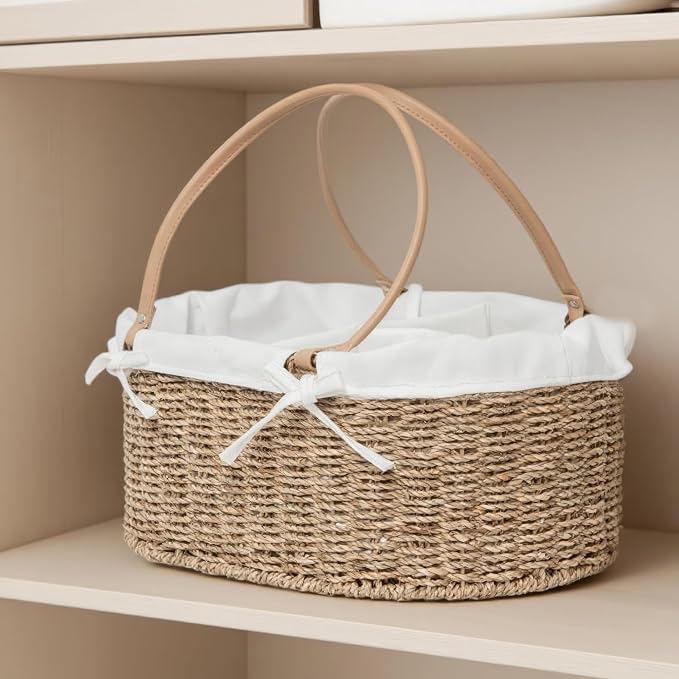 Seagrass Wicker Diaper Caddy,Woven Baby Organizer for Nursery | Woven diaper caddy with PU Handles& Detachable Lining for Newborn Bath, clothes,Cute Registry Must Have for Baby Gifts - Image 3