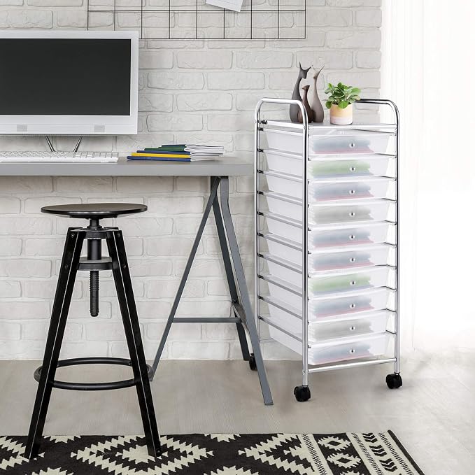 GOFLAME 10-Drawer Rolling Storage Drawer Cart, Utility Cart with Removable Drawers & Metal Frame, Mobile Art Craft Drawer Cart with Lockable Wheels for Home, Office, Studio, School, Clear - Image 2