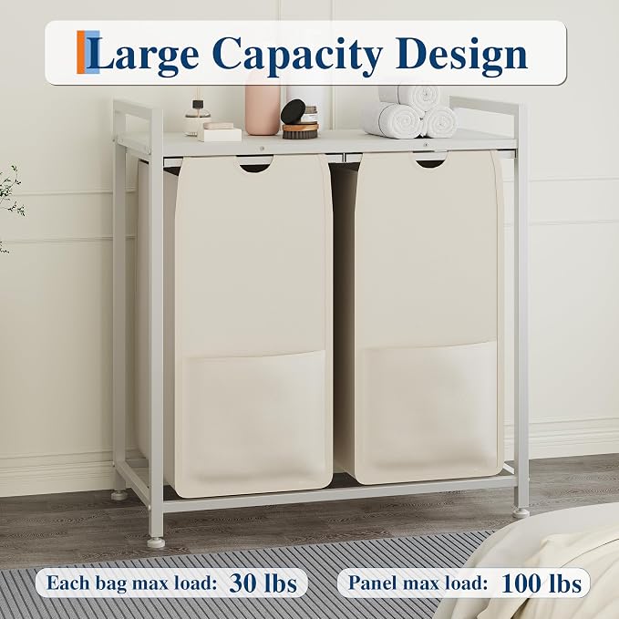 Garvee 97L Laundry Basket 2 Section, Laundry Hamper with Shelf & 2 Removable Bags, Dirty Clothes Basket Organizer for Bathroom Bedroom Room Organization, 2 x 12.8 Gal (48.5L), White and Beige | Laundry Basket with Shelf & 2 Removable Bags, Dirty Clothe... - Image 3