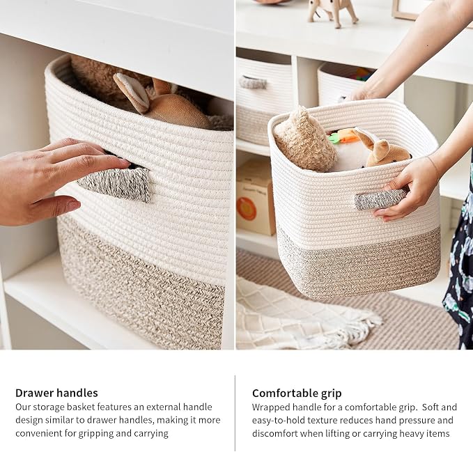 R RUNKA Storage Cube Baskets 3-Pack - 11 inch Square Baskets, Closet & Shelves Organizers - Woven & Drawer Storage - Ideal for Toys | White & Beige - Image 6