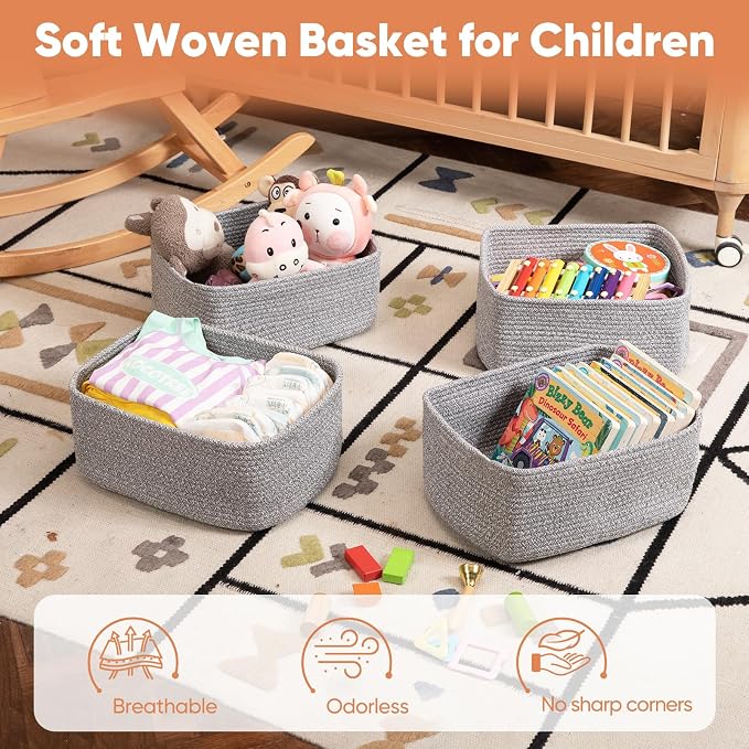 OIAHOMY 4 Pack 14.17 * 11.02 * 6.3IN Storage Baskets for Organizing Shelves, Woven Rope Baskets for Organizing Books, Clothes, Decorative Basket for Living Room, Nursery, Bedroom, Gift Basket, Grey - Image 4