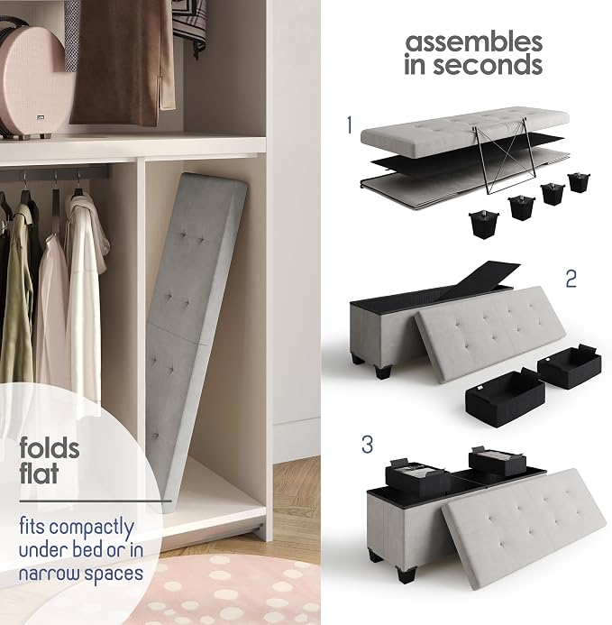 Storage Ottoman Bench with Bins, 43-in Storage Bench for Bedroom End of Bed, Folding Foot Rest Ottoman for Living Room Max 660lbs, Velvet Ottomans, Light Grey - Image 6
