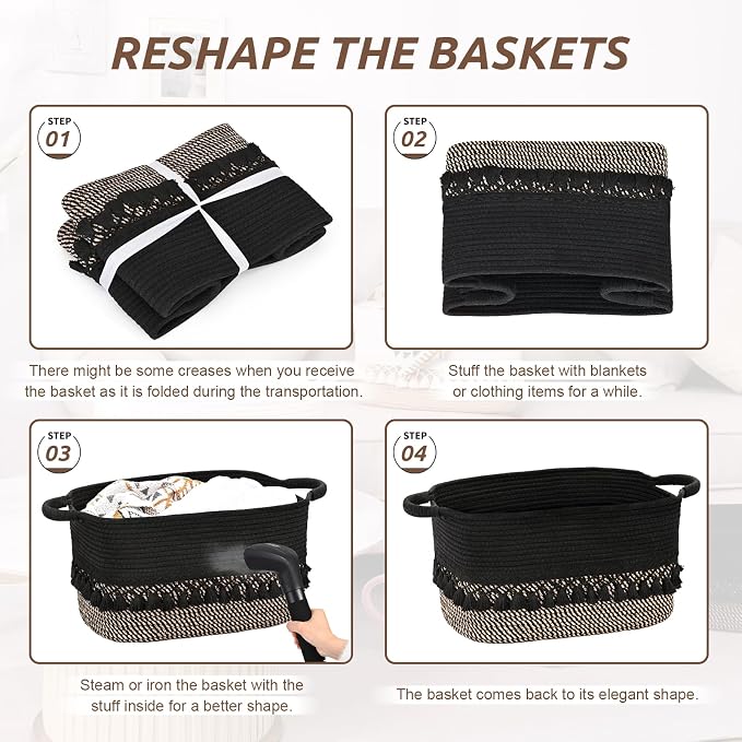 3 Pack Storage Basket for Shelves, Boho Cotton Rope Storage Bins with Heavy Tassel, Shelf Baskets Large Woven Baskets for Organizing, Cube Organizer Bins, Baby Laundry Basket for Clothes, Toys, Pets - Image 7