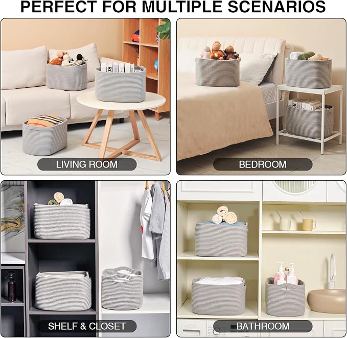 Grey Storage Baskets for Organizing Shelves, Woven Cotton Rope Basket for Storage, Gray Baskets for Toys, Cute Shelf Basket for Living Room Bedroom, 14.8"×11"×9.5", Pack of 3, Grey - Image 5