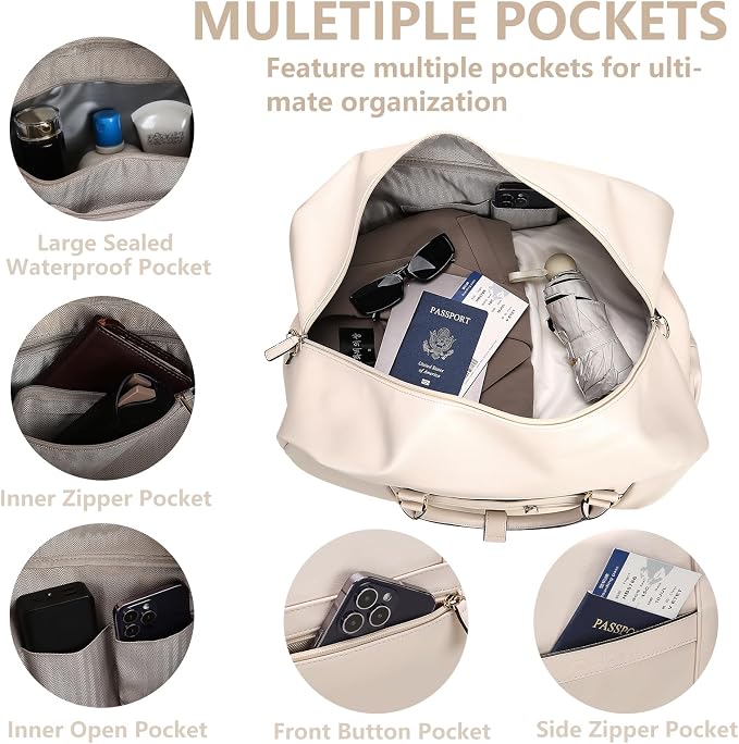 Large 4-in-1 Leather Duffle Bag for Travel Weekender Overnight Hospital Gym Bag for Men & Women, Carry On Airline Approved Personal Item Duffel Garment Bag Luggage with Shoe Compartment & Toiletry Bag - Image 2