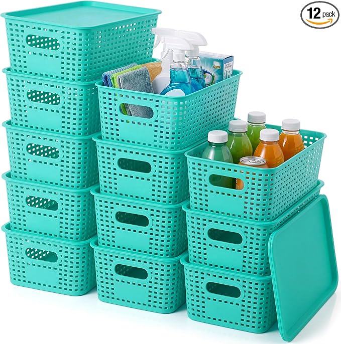 12 Pack Plastic Storage Baskets with Lids Stackable Organizing Bins Storage Baskets Organizers and Containers for Closet, Pantry, Office, 10.2 x 7.2 x 4.1 Inches(Teal) by Remerry