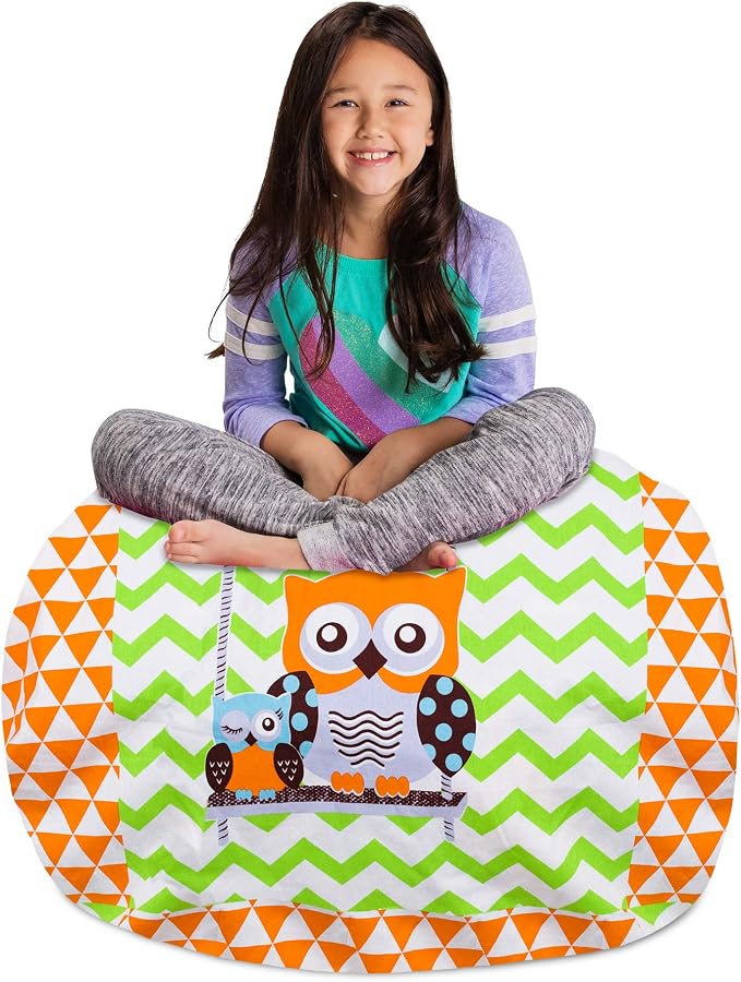 Posh Stuffable Kids Stuffed Animal Storage Bean Bag Chair Cover - Childrens Toy Organizer, Large 38" - Canvas Owls Green and Orange by PoshCreations