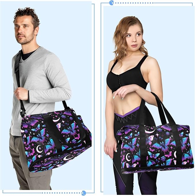 Travel Duffel Tote Bag Neon Purple and Bats Stars and Moons Sports Duffel Bag with Wet Pocket Weekender Overnight Bag for Women Men Gym Bag, Carry On Bag Hospital Bag for Labor and Delivery - Image 4