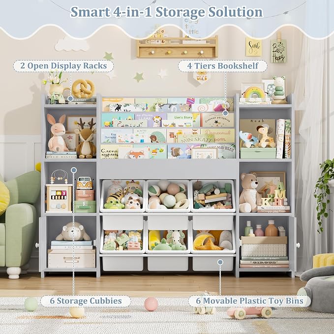 Toy Storage Organizer with 6 Toy Bins & 4 Tier Kids Bookshelf | Toy Organizer with 6 Cubbies, Kids Toy Organizers and Toy Storage with Bins, Playroom Storage and Toy Chest, Grey - Image 6