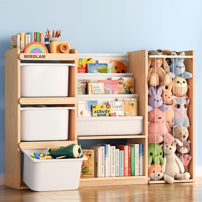 mirolam Toy Storage Organizer and Stuffed Animal Storage - Kids Room Toy Organization with 3 Bins Chest and 3 Tiers Montessori Book Shelf - Toddler Furniture for Playroom - Bedroom Nursery Decor by MirolamUS