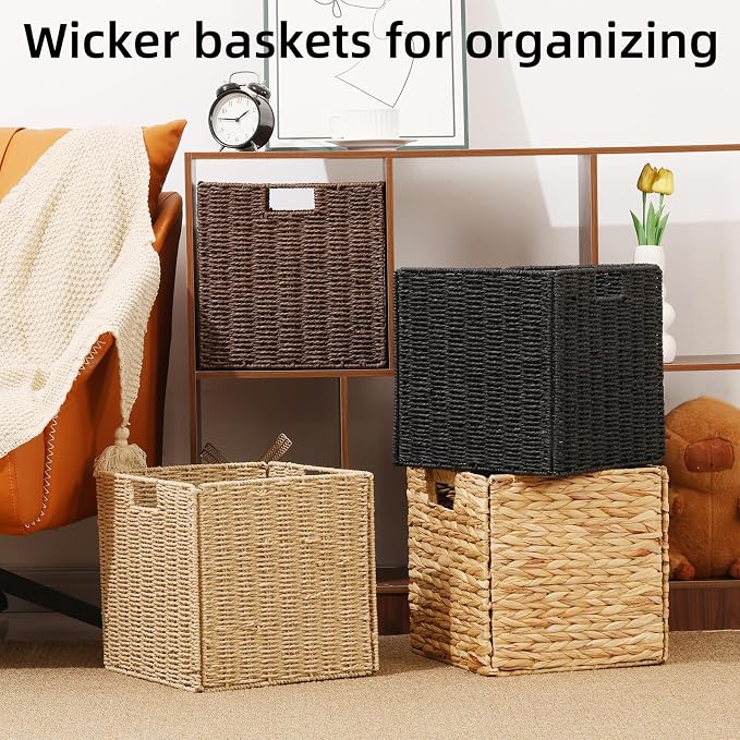 Set of 2 Hand-Woven Paper Rope Wicker Baskets, Storage Basket, Foldable Cube Storage Bins, Natural Color Storage Cubes, Square Baskets for Organizing Shelves Decor, 12x12x12in - Image 7