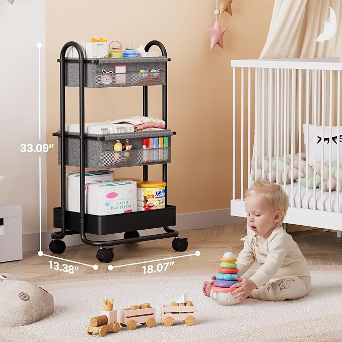 Modanais Baby Diaper Caddy Organizer Cart - 3 Tier Rolling Cart, Black | Lockable Wheels, Baby Essentials Nursery Storage, Detachable Dividers - for Crib, Bedroom, Art & Craft Organizer - Image 2