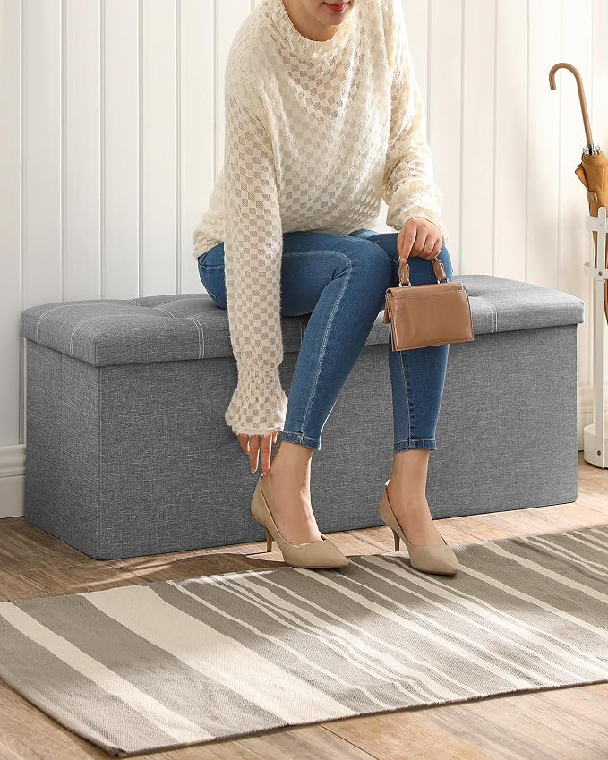 SONGMICS MAZIE Collection - 43 Inches Ottoman Storage Bench, 35 Gal. Folding Chest with Breathable Linen-Look Fabric, Load up to 660 lb, for Entryway, Living Room, Bedroom, Light Gray ULSF077G05 - Image 6