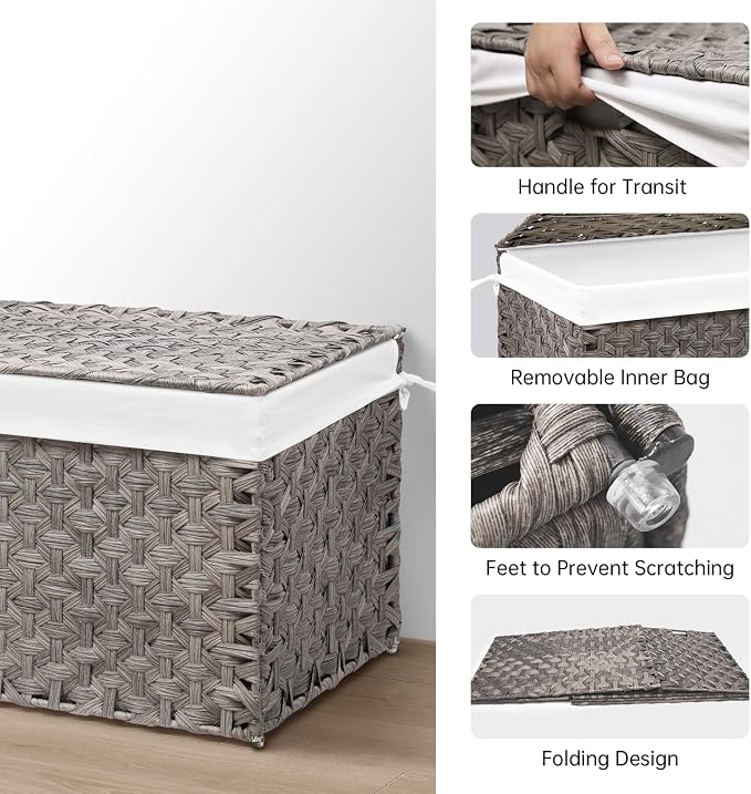 Wicker Storage Basket with Lid, 42.3 Gallon (160L) Large Blanket Basket with Lid, Woven Storage Bin with Handles, Removable Liner, Metal Frame, Foldable, for Bedroom, Laundry Room, Grey - Image 4