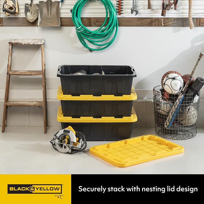 CX Heavy Duty 15-Gallon Stackable Plastic Storage Bins with Lids, 3 Pack | Storage totes for garage organization, Stackable containers, weather-resistant, snap lid, 9.5H x 20.6W x 30.6D, Black/Yellow - Image 3