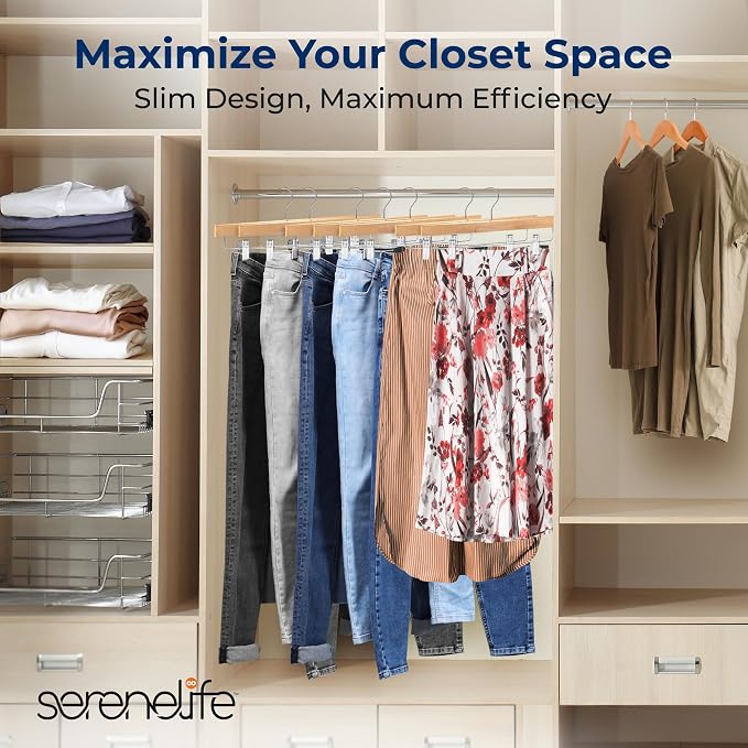 SereneLife 10 Pack Skirt and Pant Hanger with Adjustable Non-Slip Steel Clips, Premium Wooden, 360° Swivel Hook & 10 lb Capacity – Space-Saving Heavy-Duty Hangers for Jeans, Shorts & Slacks (Natural) - Image 2